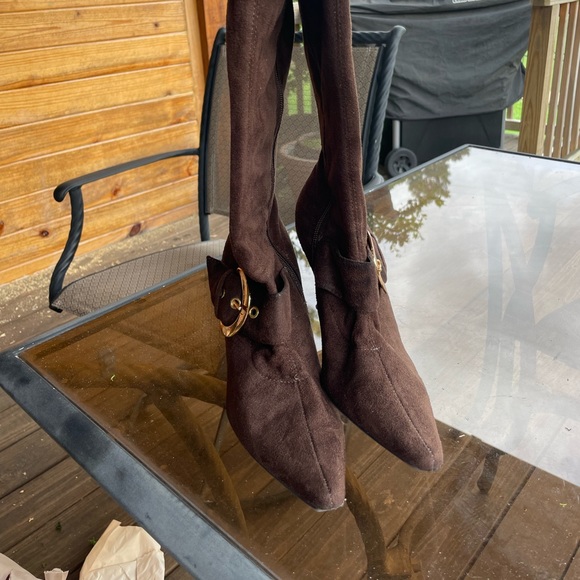 Madeline sexy boots in soft suede, Gold Buckle accent, 2.8" heel. - Picture 3 of 7